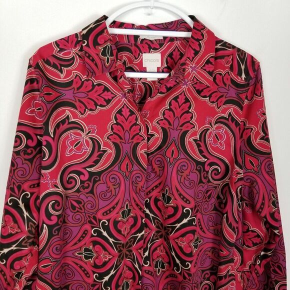 Chico's Women's Paisley Button Up Tunic Top Blouse Sz 14 Red Long Sleeve Artsy - Picture 2 of 7